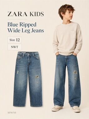 Zara Kids Blue Ripped Wide Leg Jeans Size 12 NWT Boys Distressed Denim